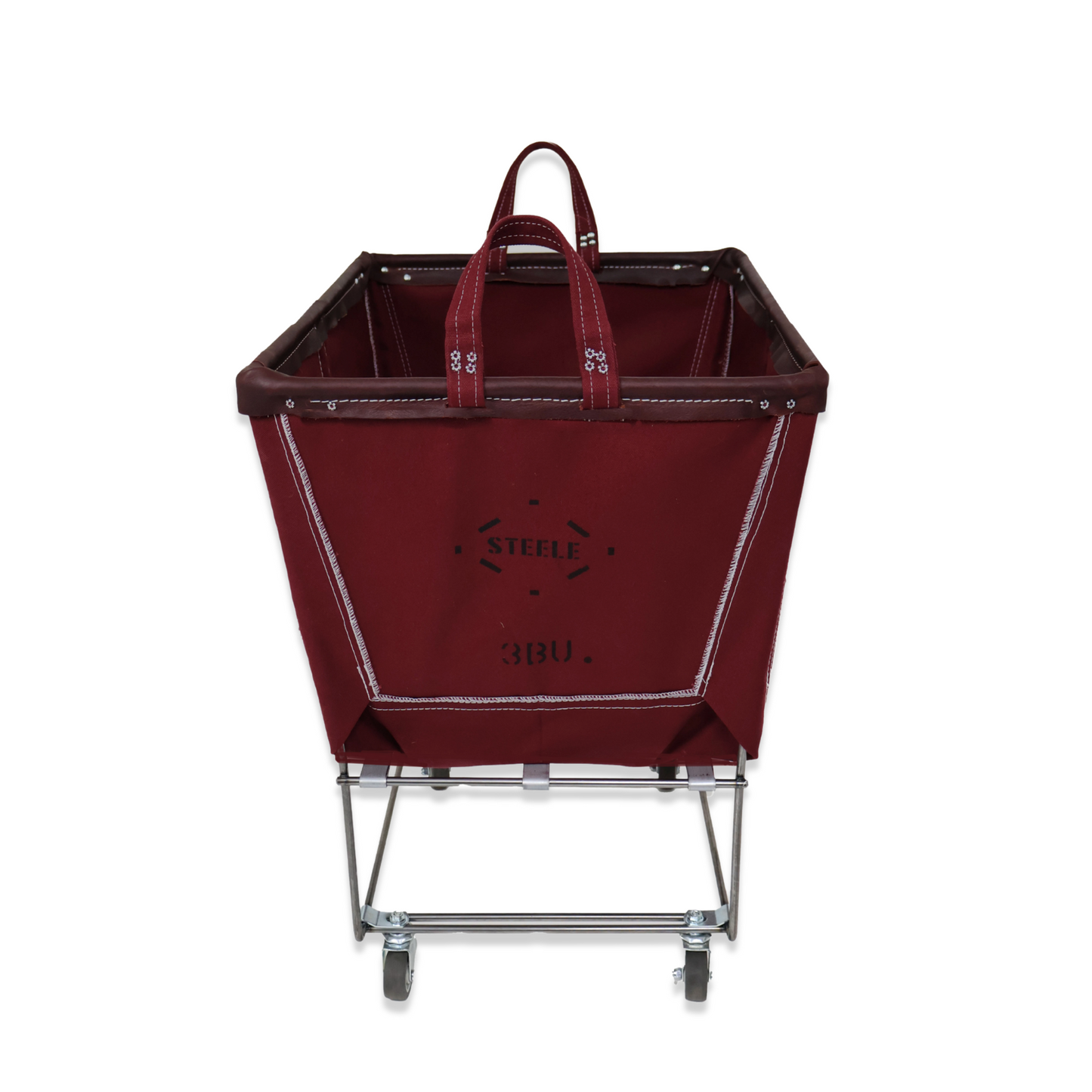 Red laundry cart with a handle on a white background