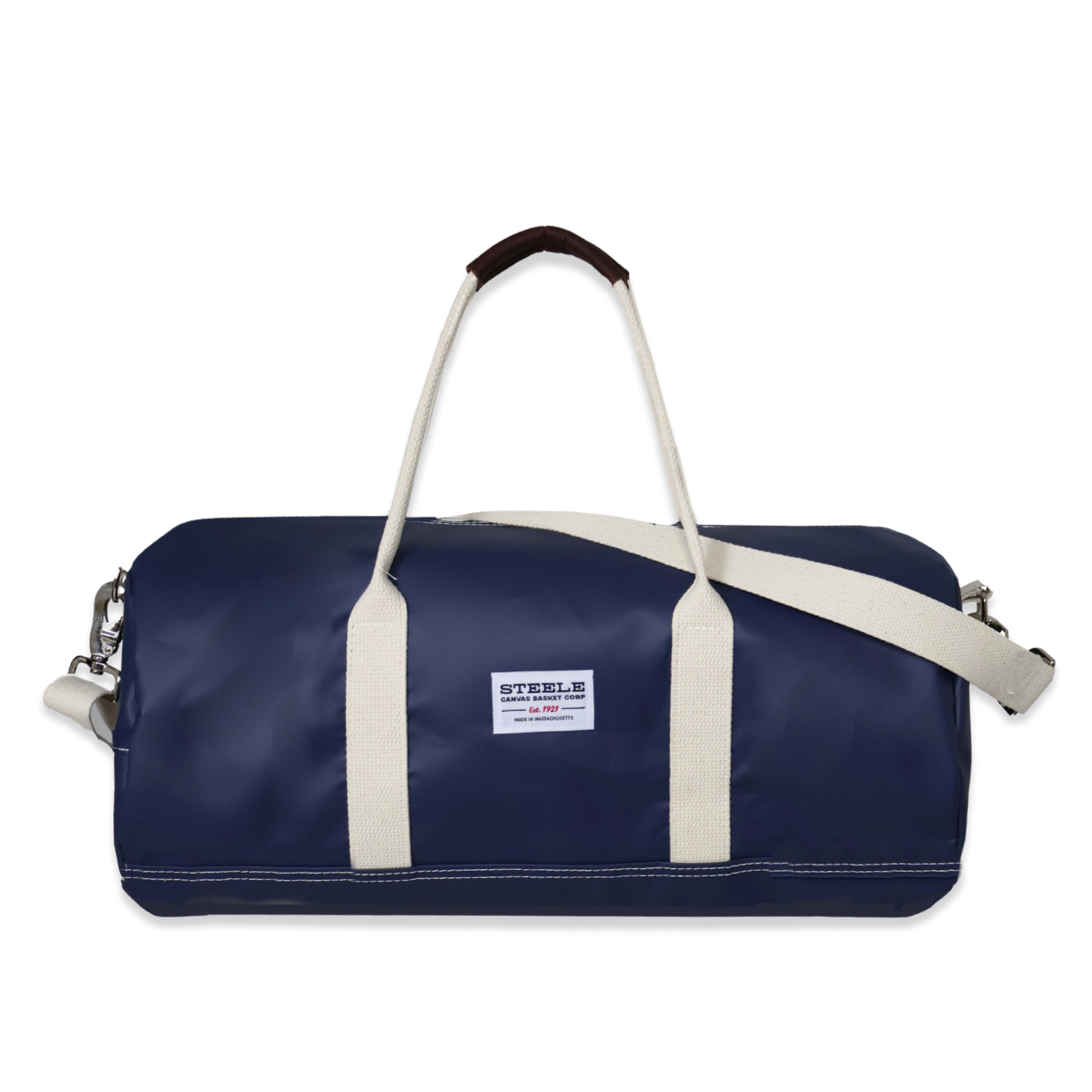 Navy duffel bag with white handles and a visible brand label on a white background