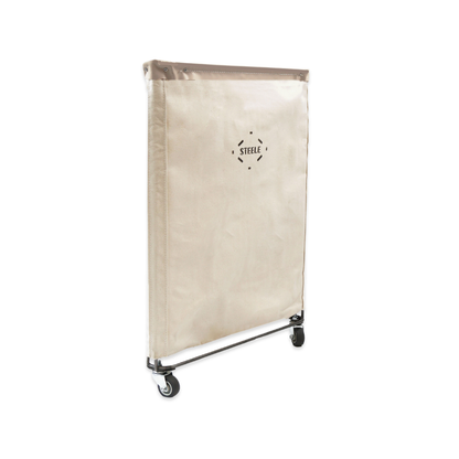 A triangular laundry basket with a steel wheeled base, featuring the brand name 'STEELE' printed in black in the center. The bag is shown standing upright on a plain white background.