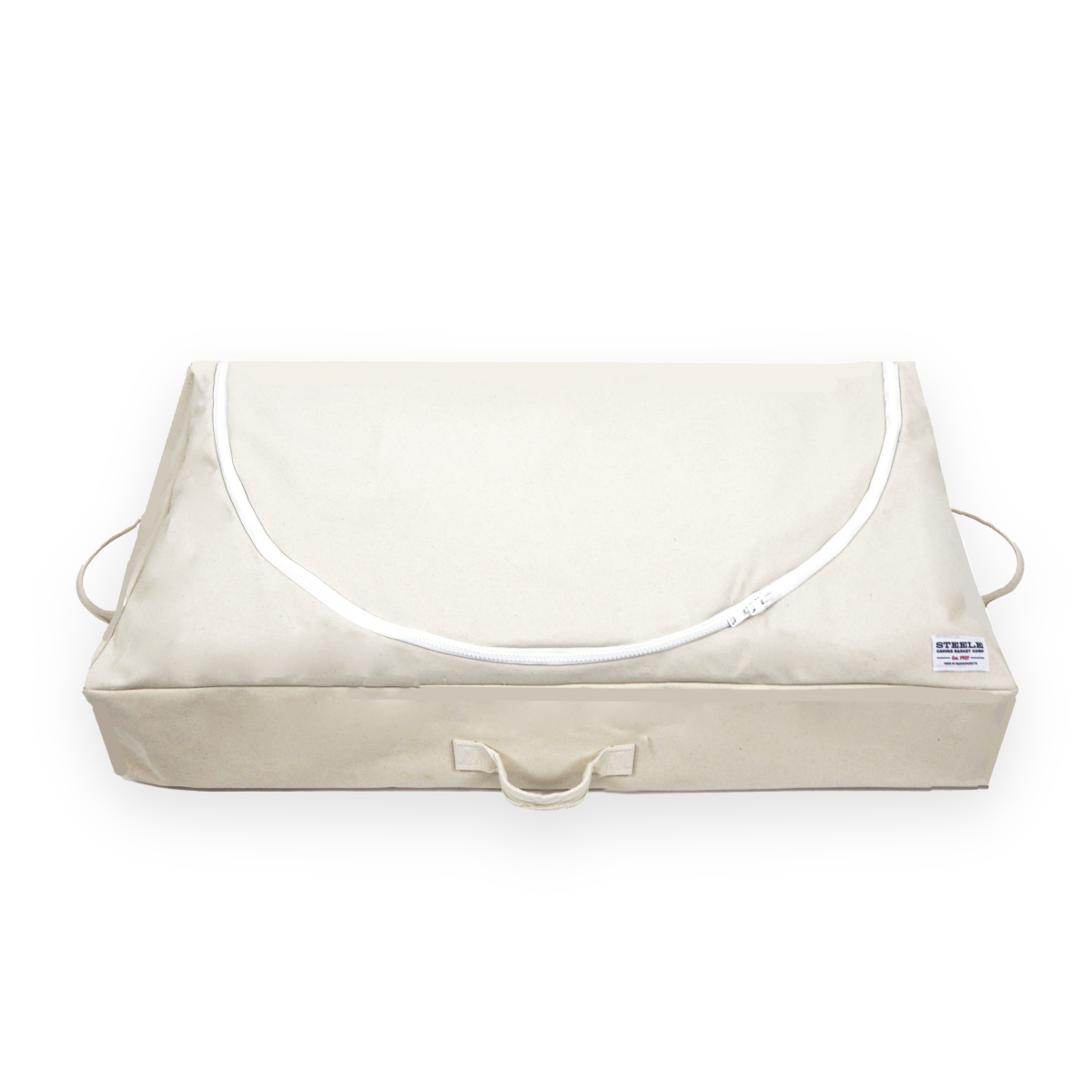 Beige storage bag with a white circle on a white background