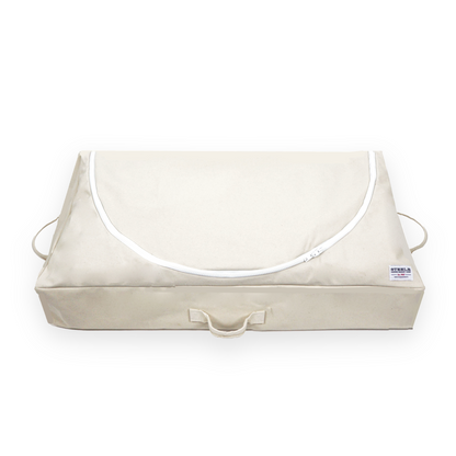 Beige storage bag with a white circle on a white background