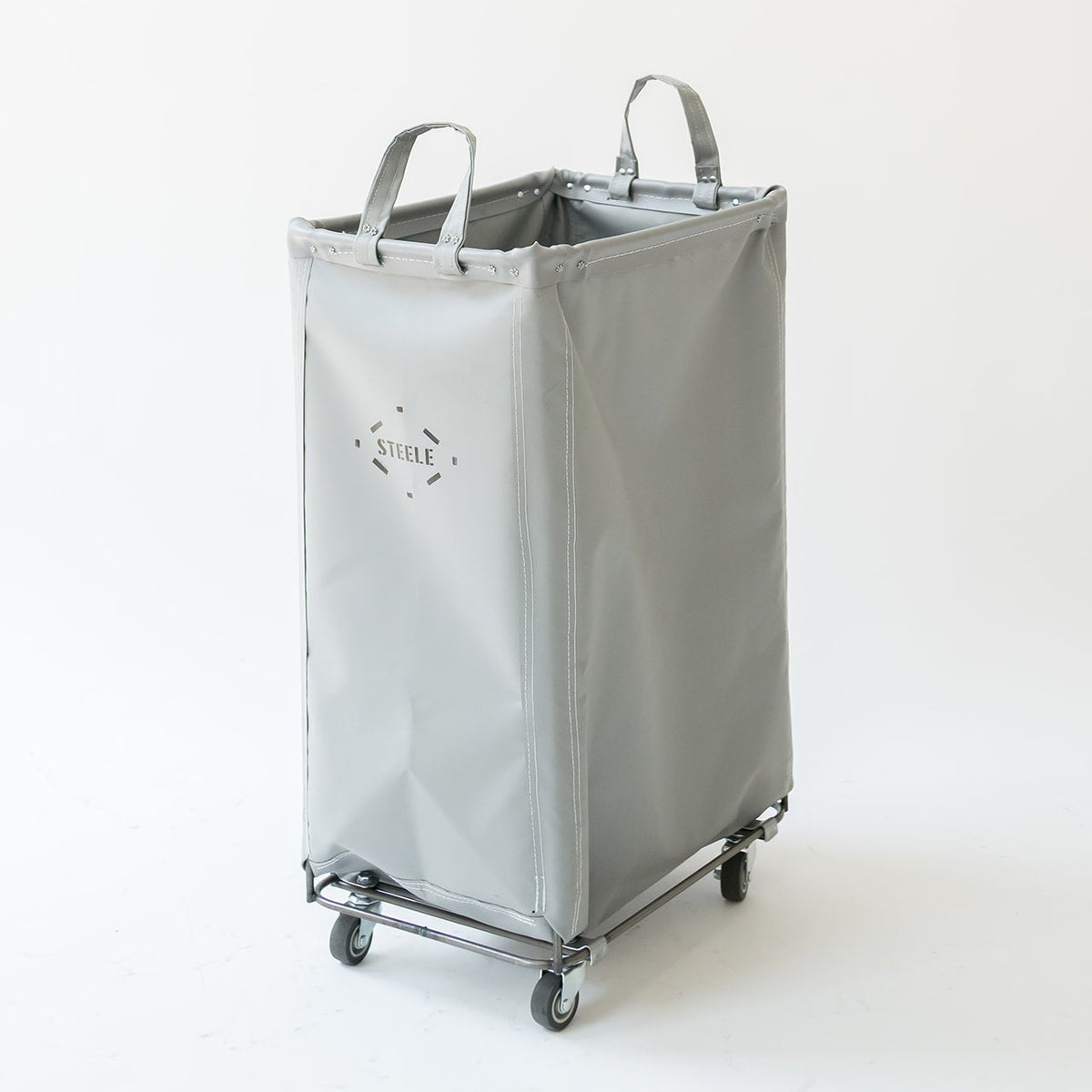 A vinyl rolling laundry baskets on a welded steel frame with the STEELE logo stenciled on the front.