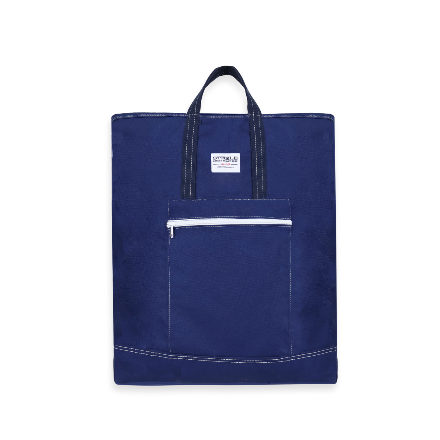 Navy blue tote bag with a white zipper pocket on a white background