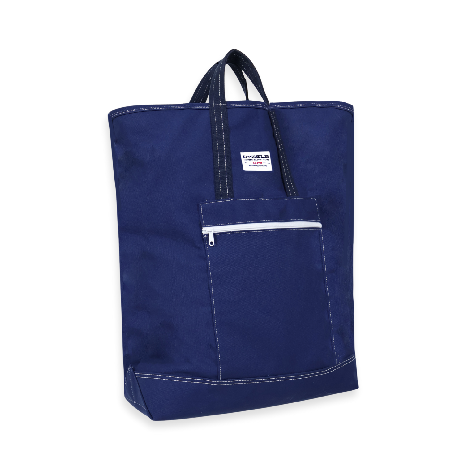 Navy blue tote bag with a white zipper on a white background