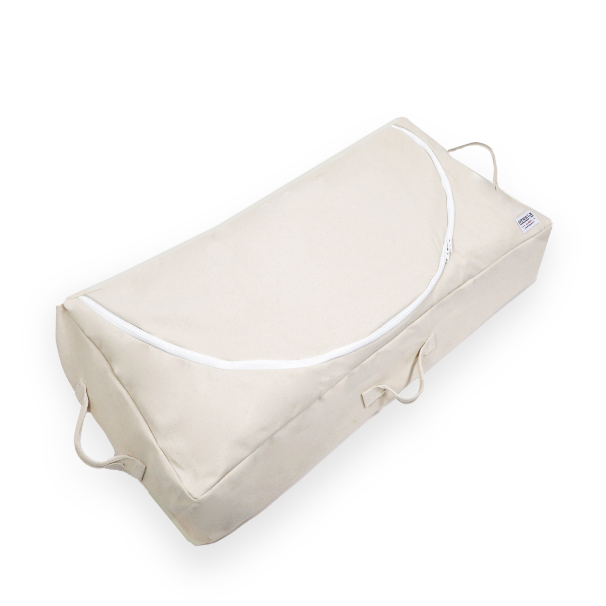 Beige wedge pillow with white zipper on a white background