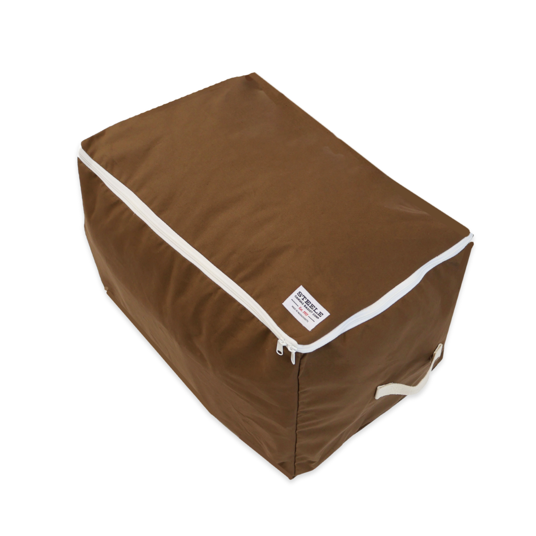A brown rectangular storage bag or organizer cover with white piping and zipper trim, shown on a plain white background. A small white brand label is visible on the front.
