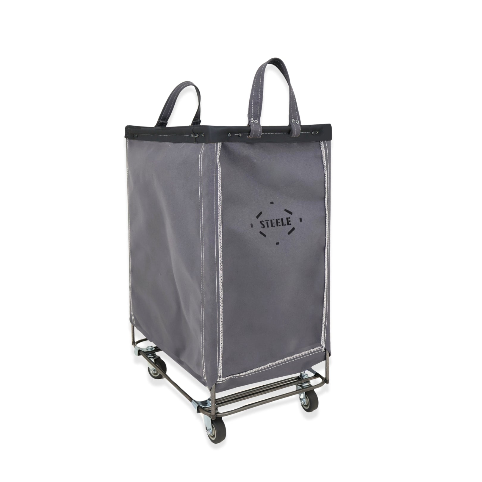 Gray laundry cart with a transparent bag on a white background
