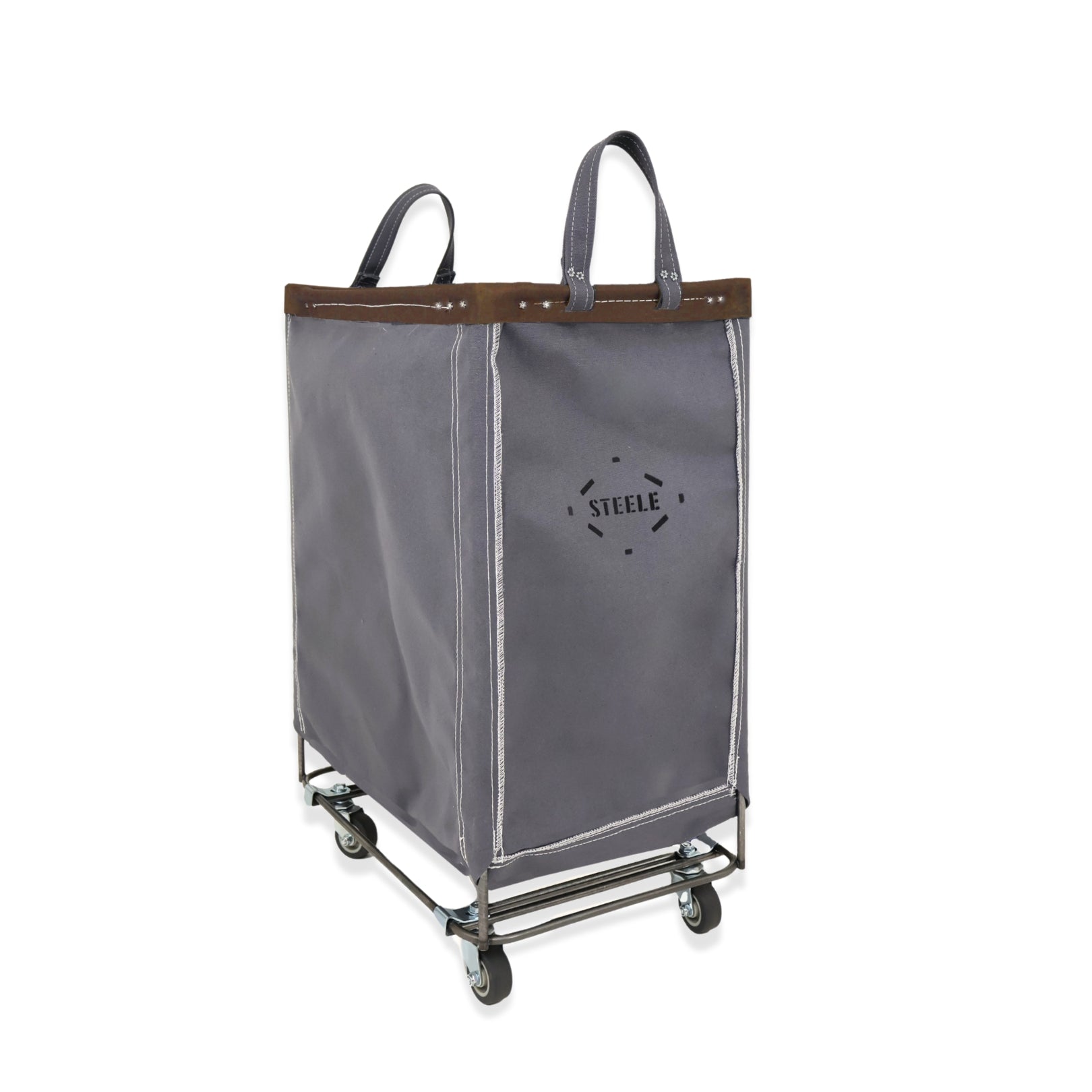 Gray laundry cart with wheels and a Steele logo on a white background