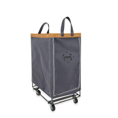 dark Gray laundry cart with wooden top and 'Steele' branding on a white background