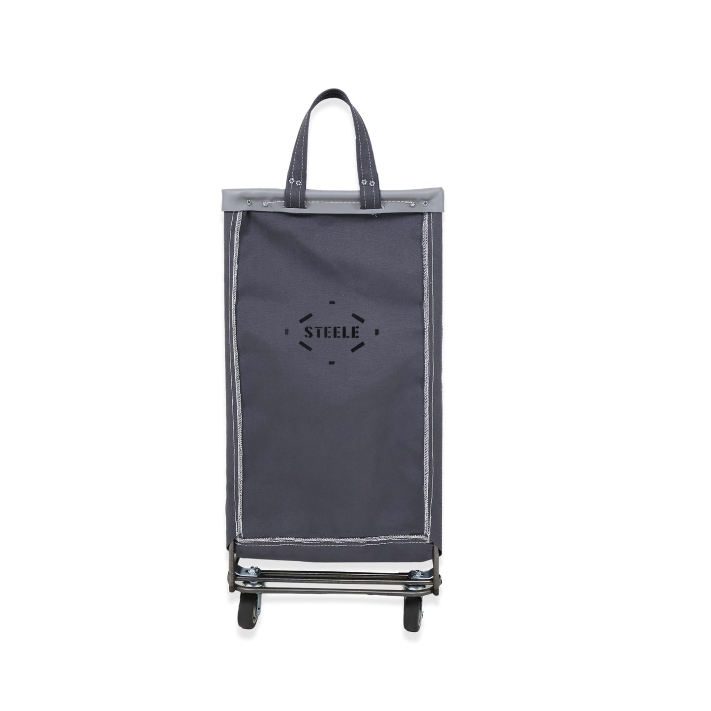 Gray shopping cart with 'STEELE' logo on a white background