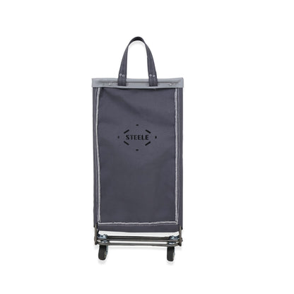 Gray shopping cart with 'STEELE' logo on a white background