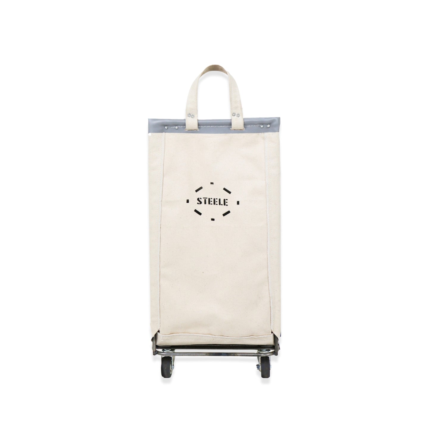 natural canvas laundry cart with 'STEELE' branding on a white background