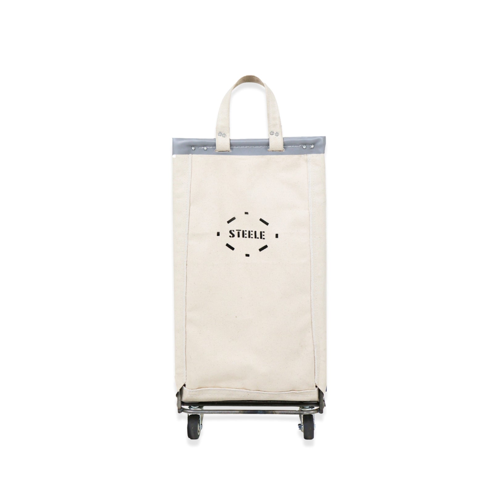 natural canvas laundry cart with 'STEELE' branding on a white background