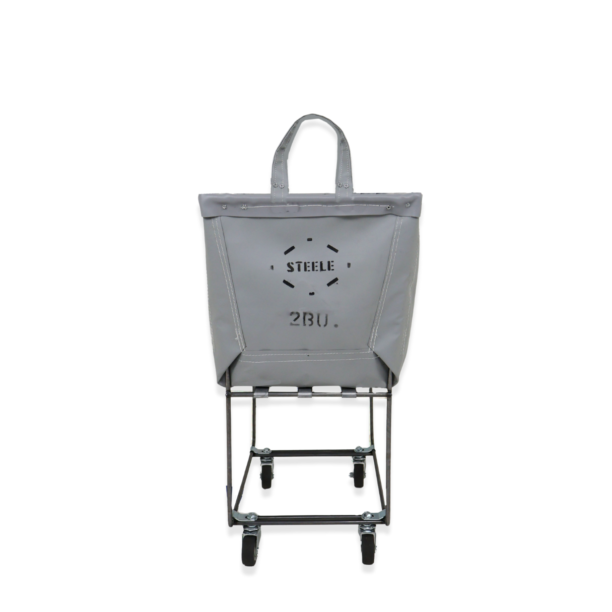 Gray tote bag with 'STEELE 2BU' branding on a white background