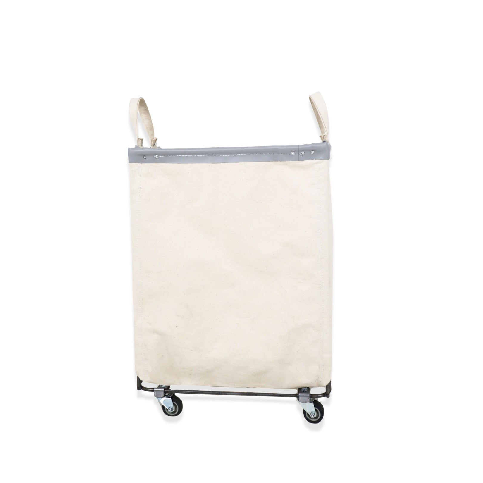 natural laundry basket with wheels on a white background