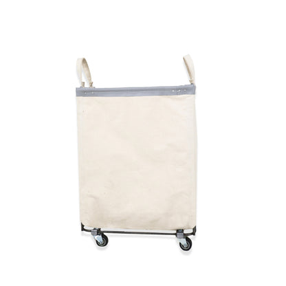 natural laundry basket with wheels on a white background