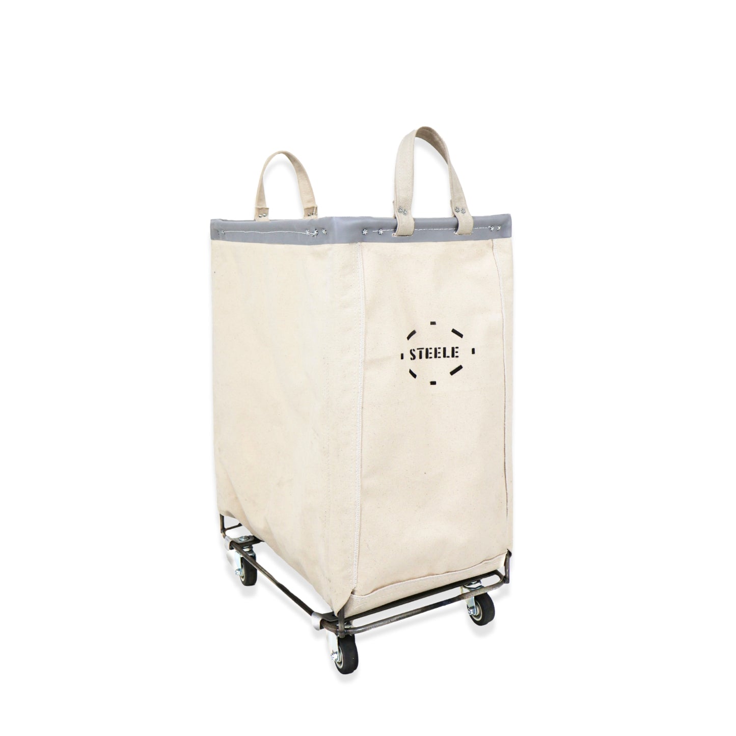 natural canvas laundry cart with 'Steele' logo on a white background