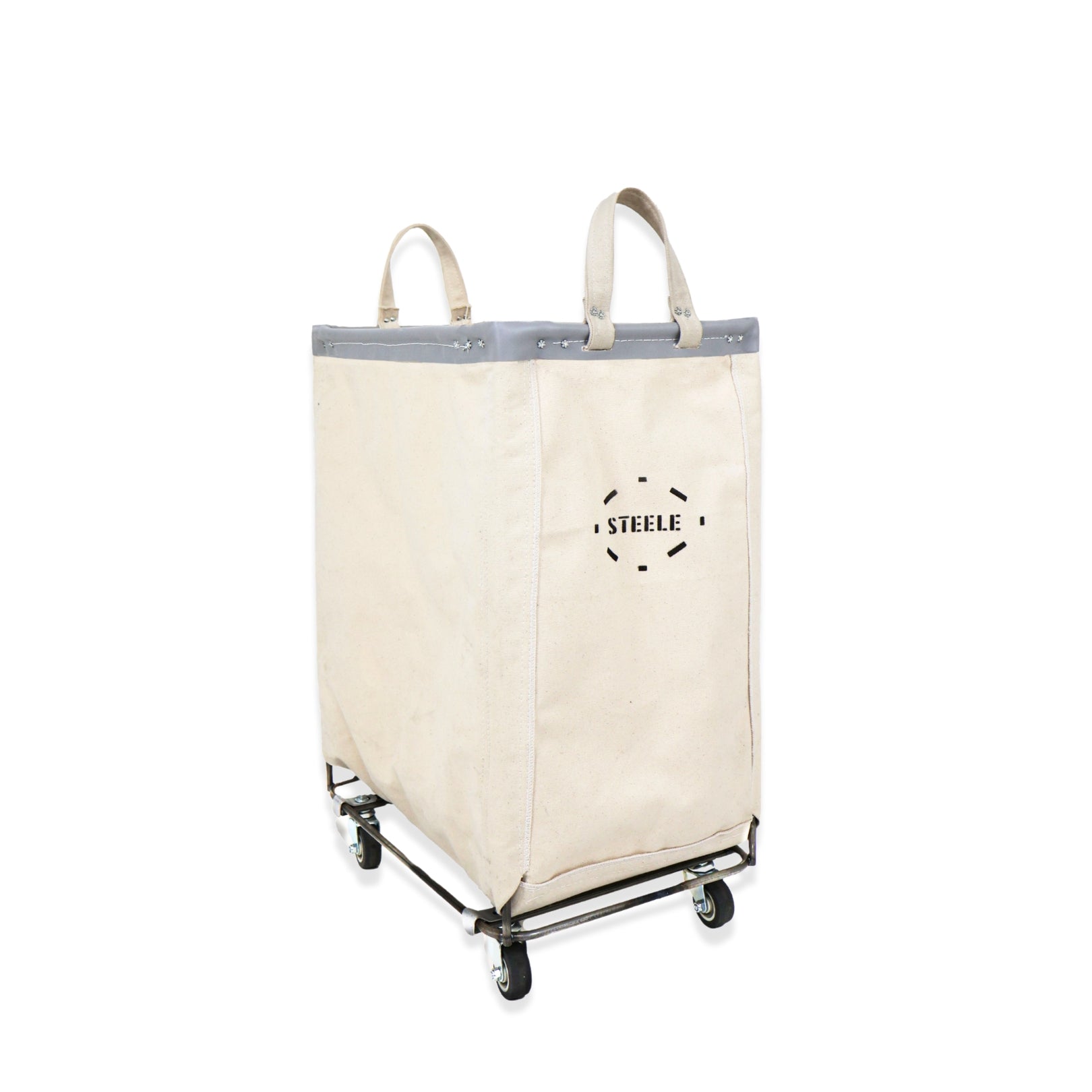 natural canvas laundry cart with 'Steele' logo on a white background