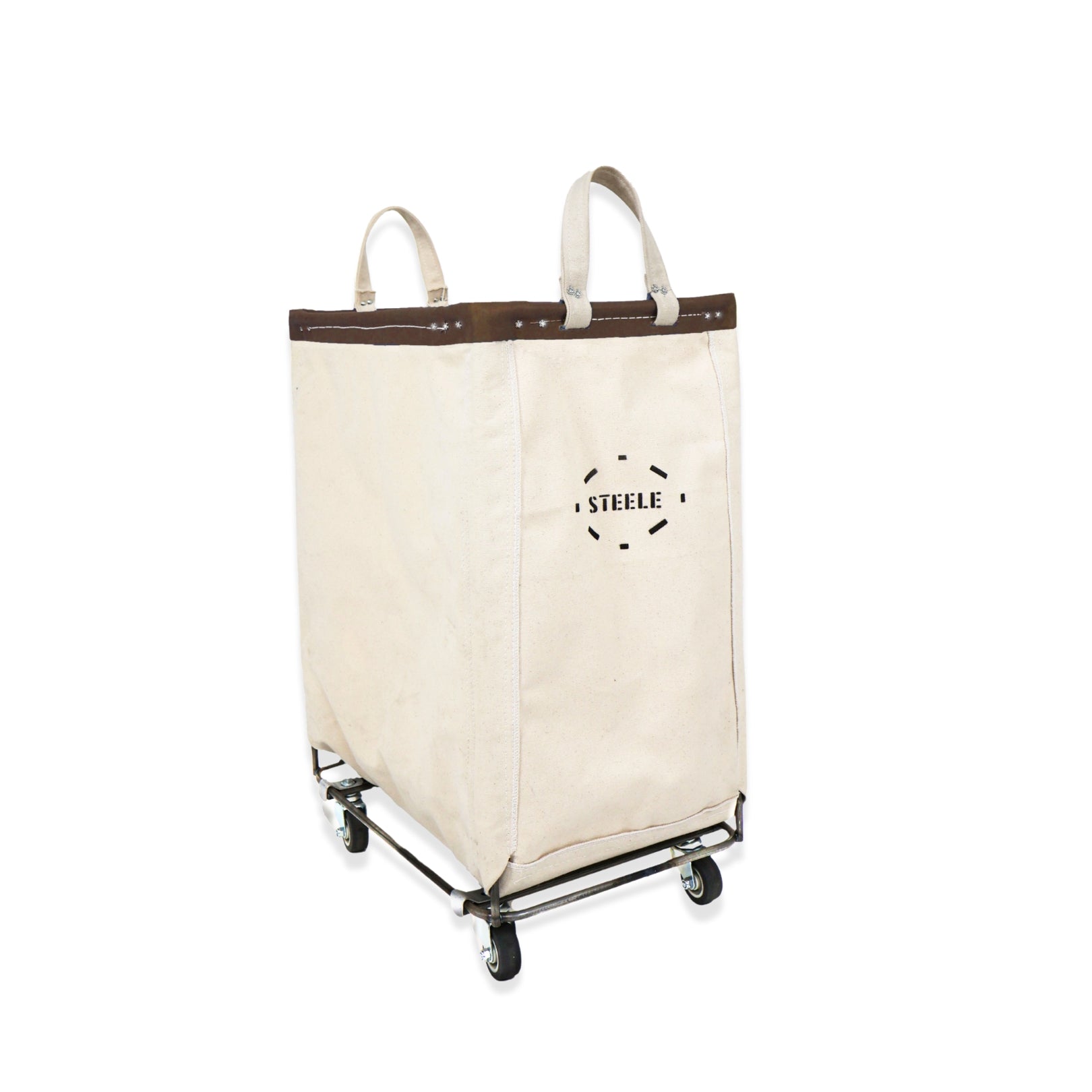 canvas laundry cart with 'Steele' logo on a white background