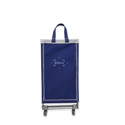 Blue laundry cart with 'Steele' branding on a white background