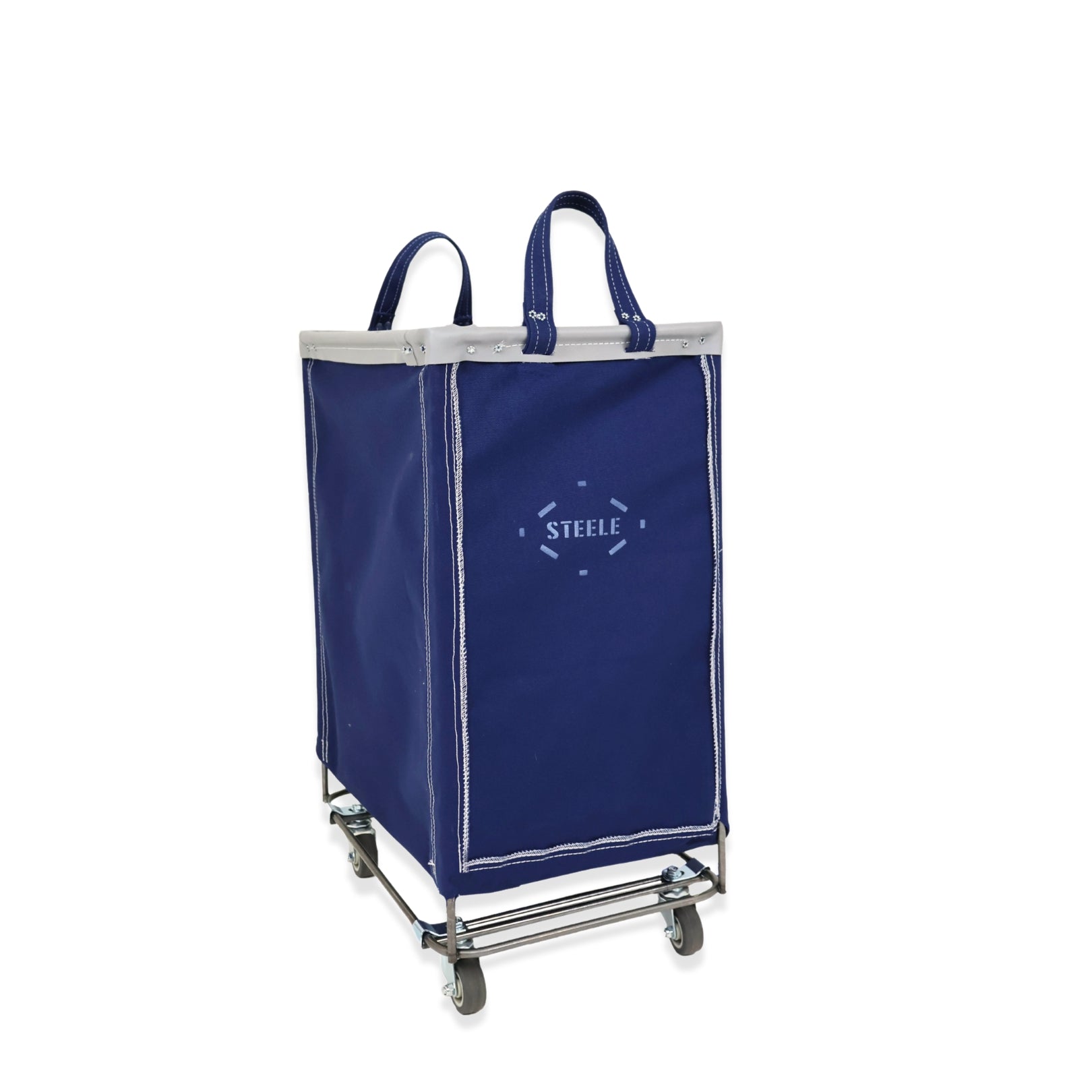 Blue laundry cart with 'Steele' branding on a white background