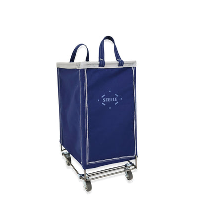 Blue laundry cart with 'Steele' branding on a white background