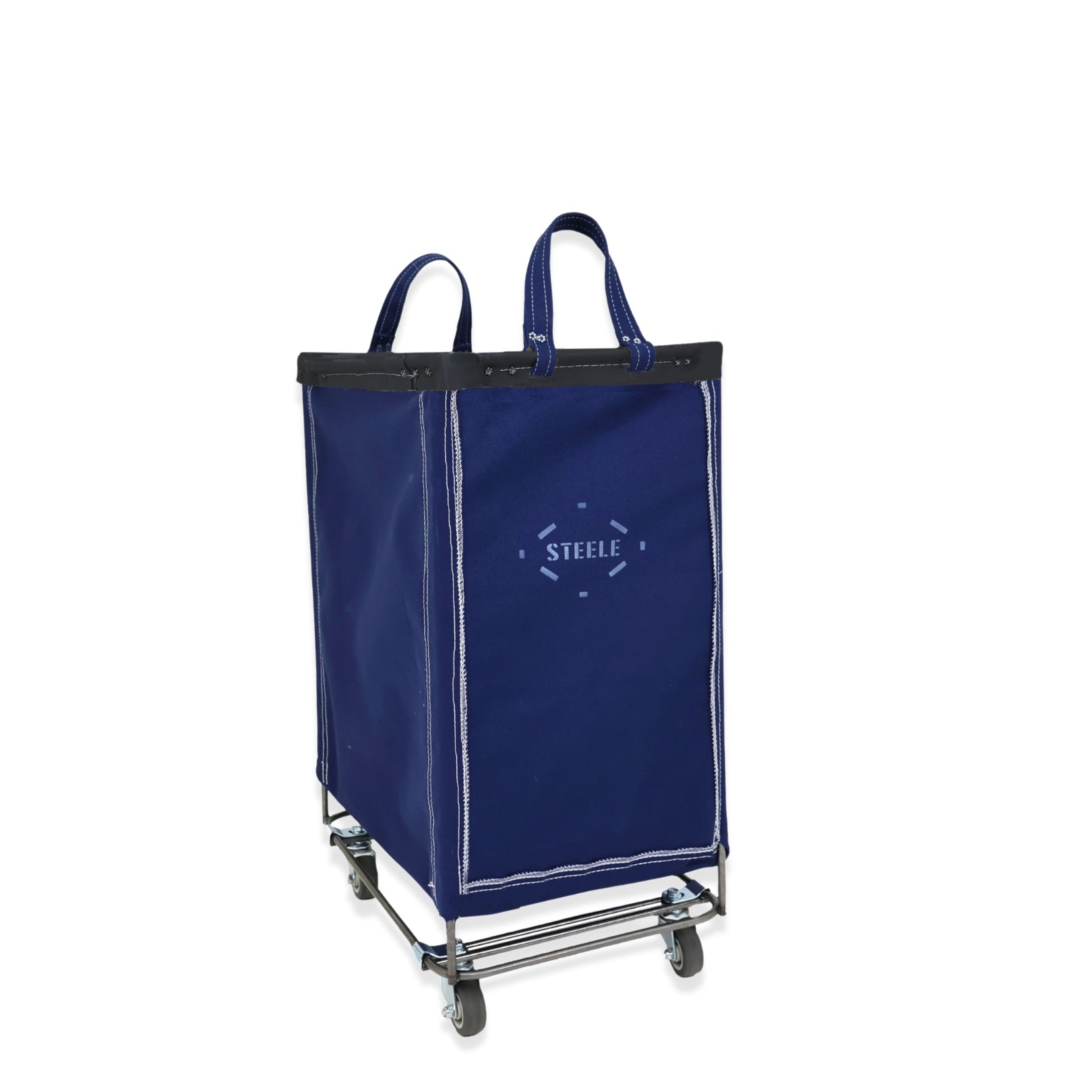 Blue laundry cart with 'Steele' branding on a white background