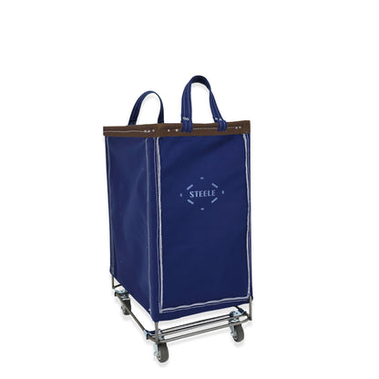 Blue laundry cart with 'Steele' branding on a white background