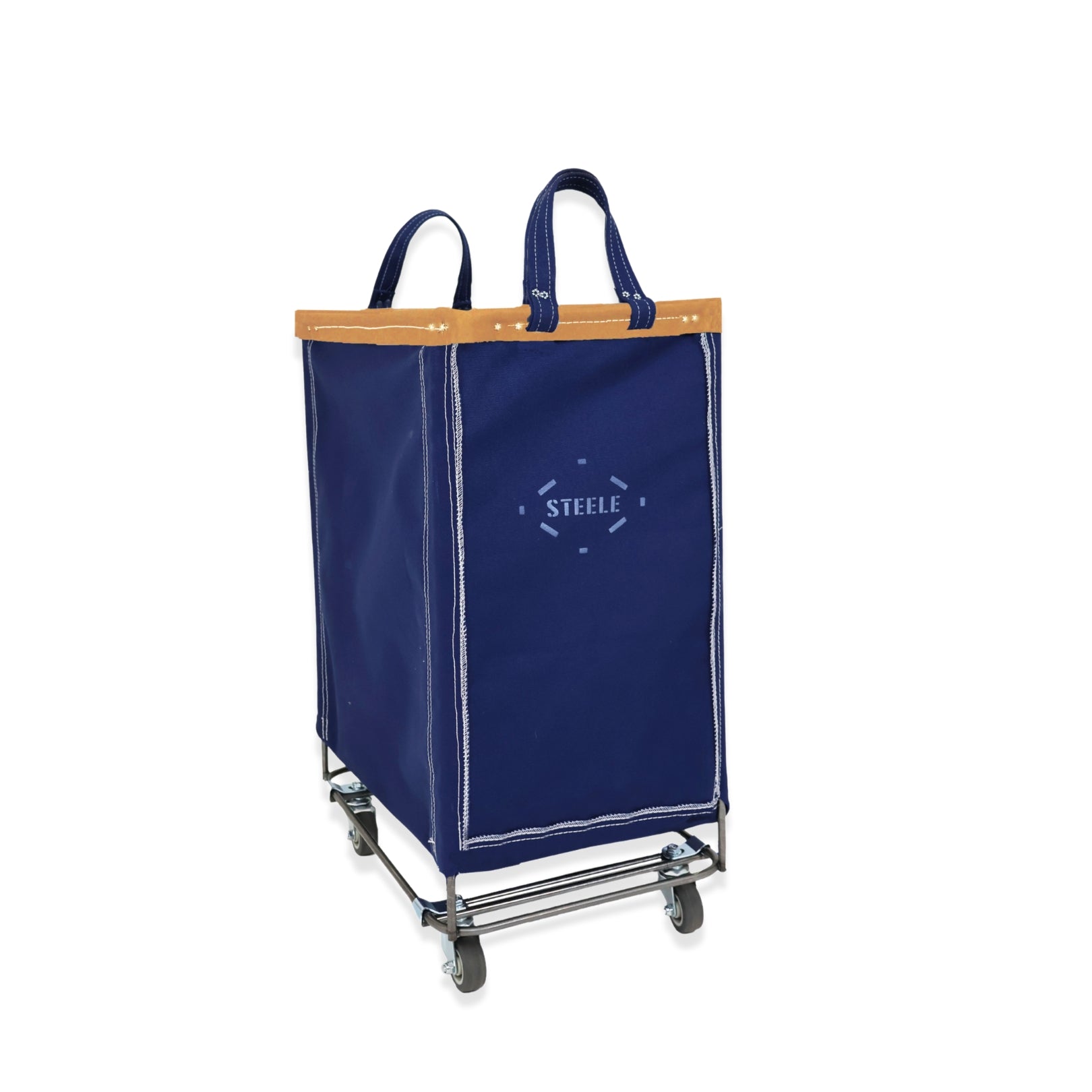 Navy laundry cart with wooden top and 'Steele' branding on a white background