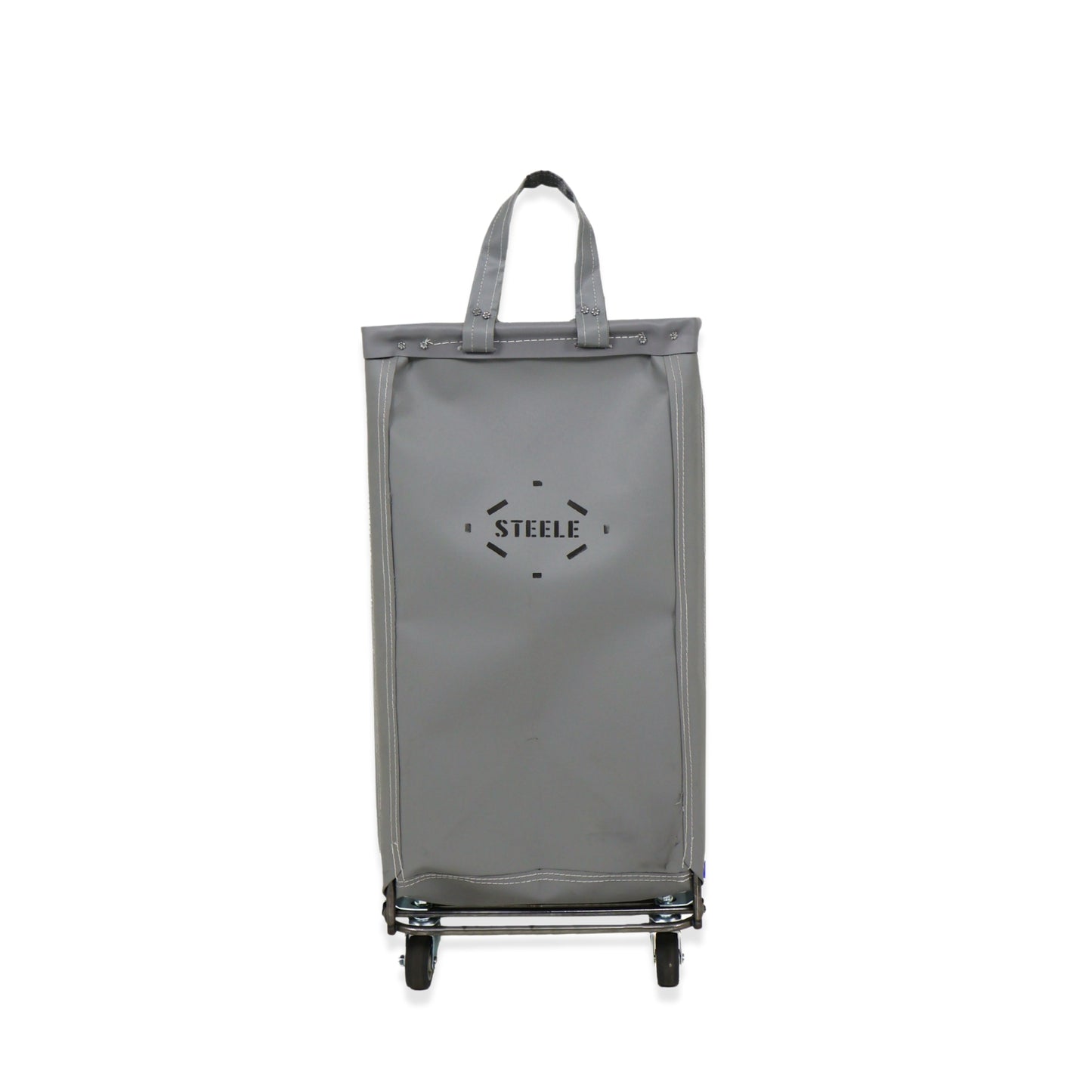 Gray laundry cart with 'STEELE' branding on a white background