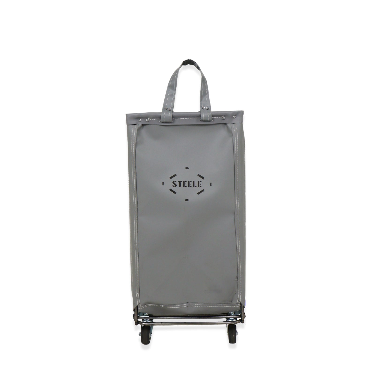Gray laundry cart with 'STEELE' branding on a white background