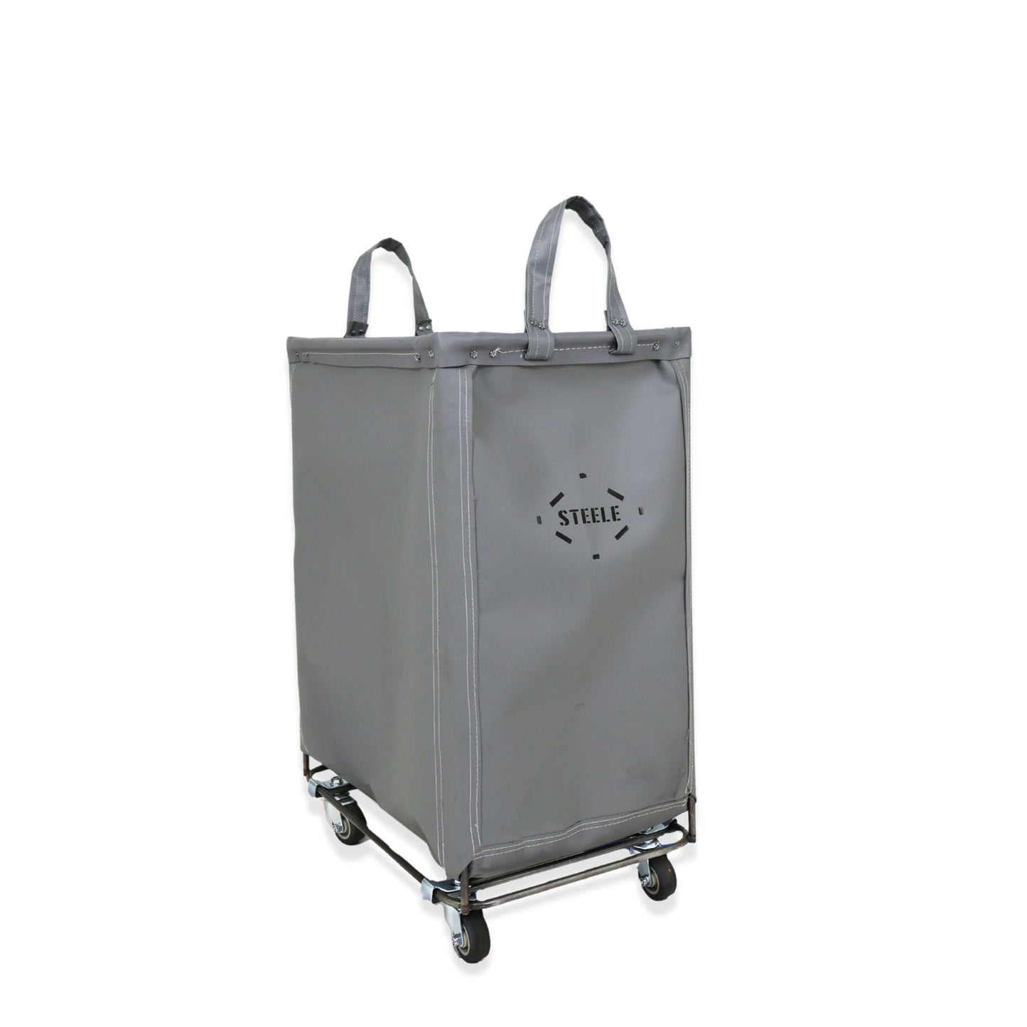 Gray laundry cart with 'Steele' branding on a white background