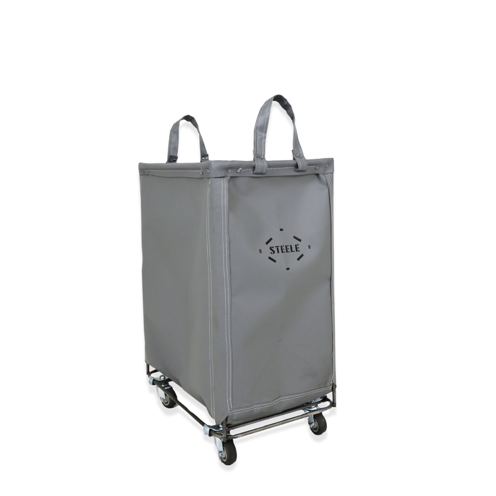 Gray laundry cart with 'Steele' branding on a white background