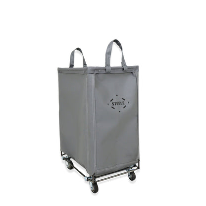 Gray laundry cart with 'Steele' branding on a white background