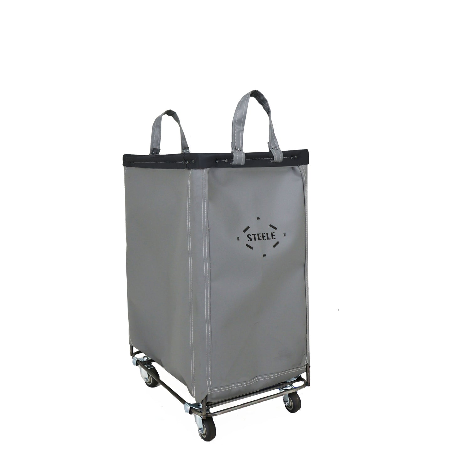 Gray laundry cart with wheels on a white background