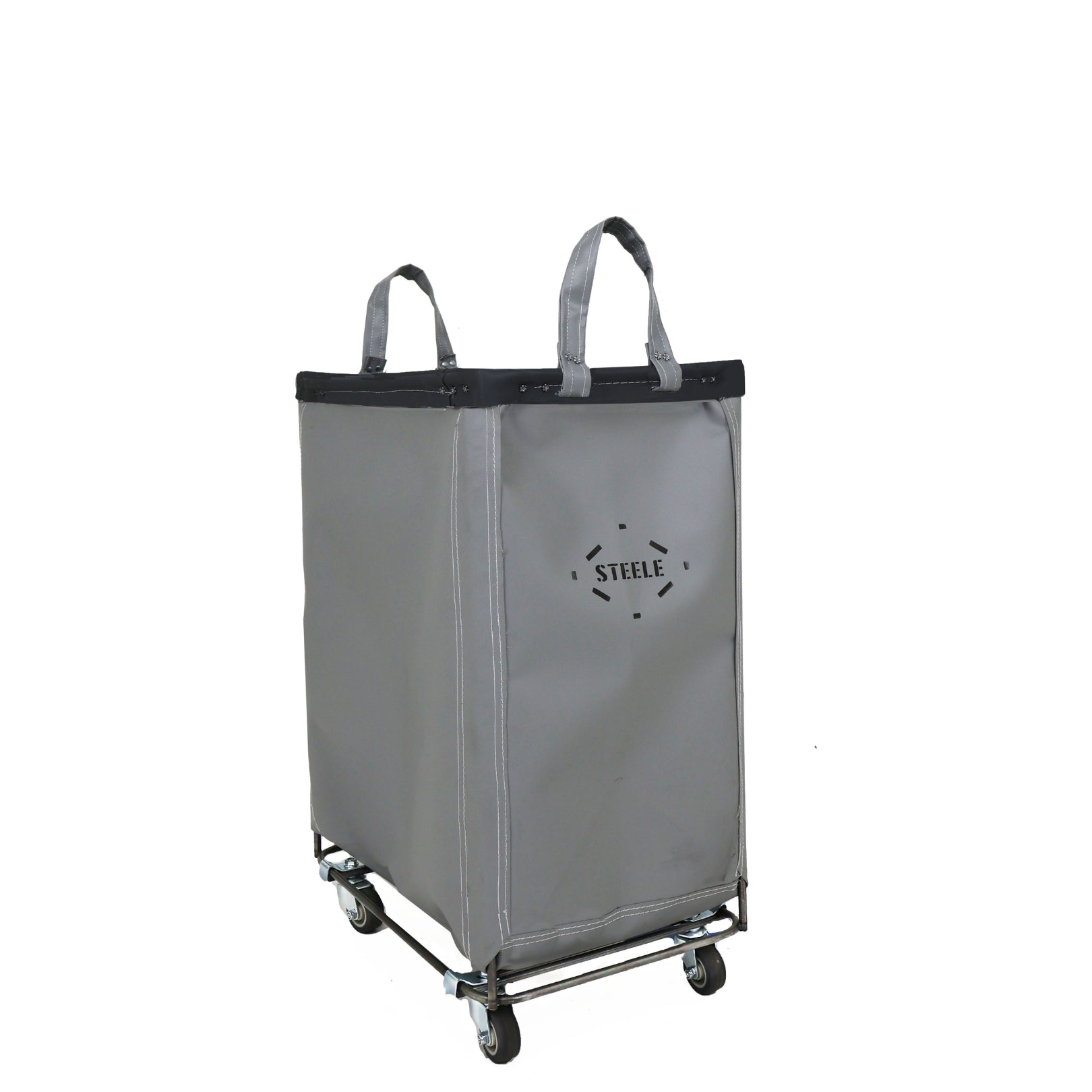 Gray laundry cart with wheels on a white background