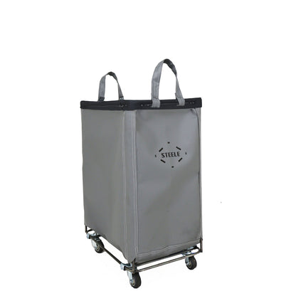 Gray laundry cart with wheels on a white background