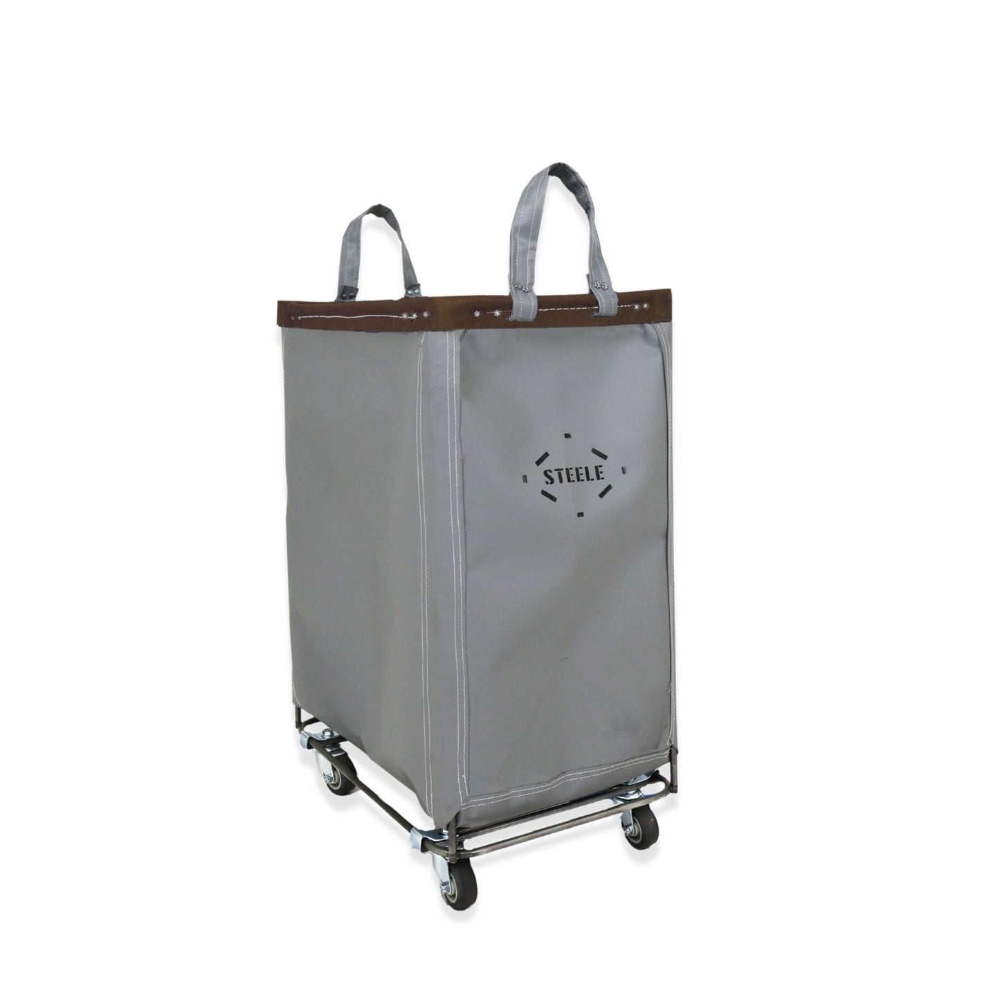 Gray laundry cart with wheels and handles on a white background