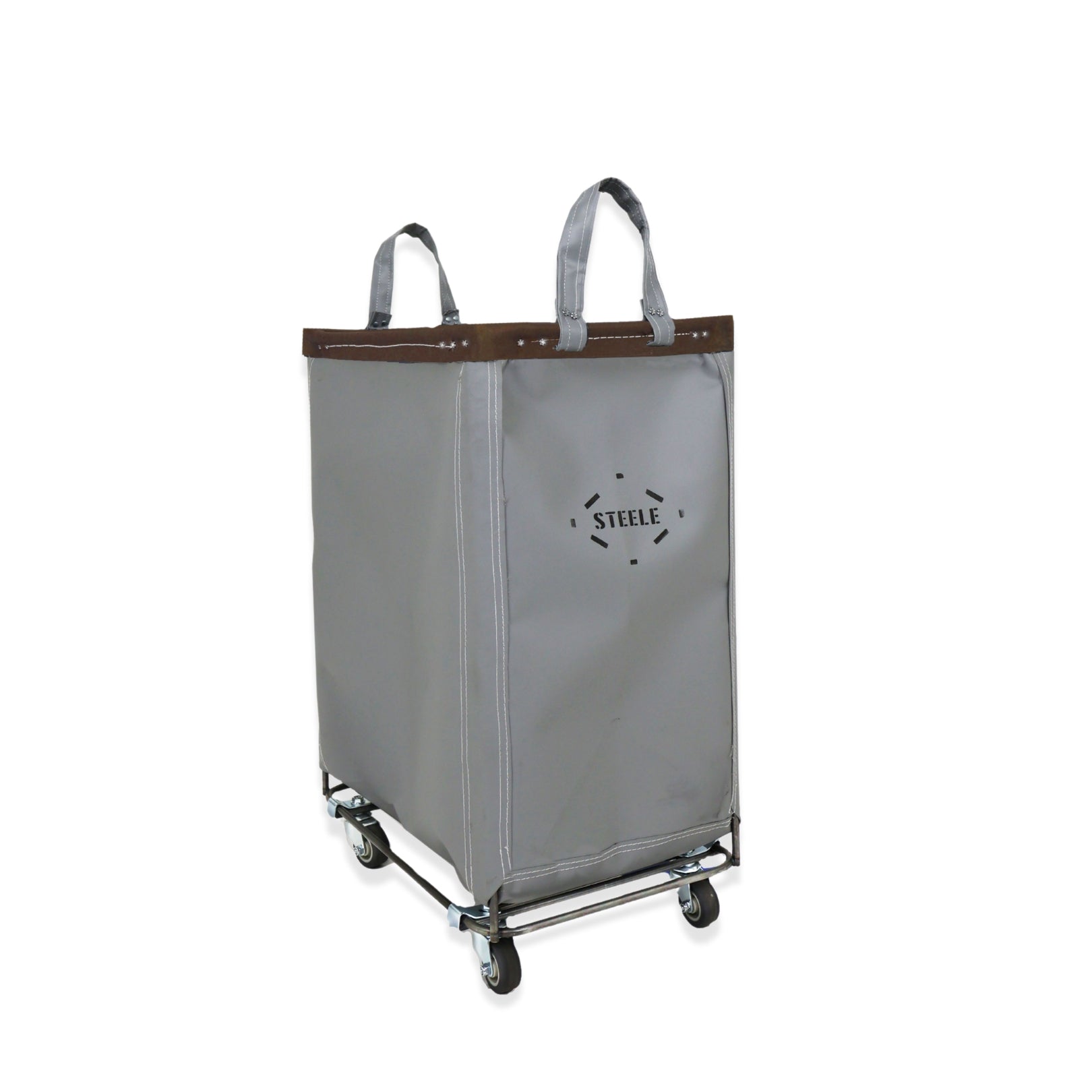 Gray laundry cart with wheels and handles on a white background