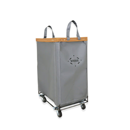 Gray laundry cart with wooden top and 'Steele' logo on a white background