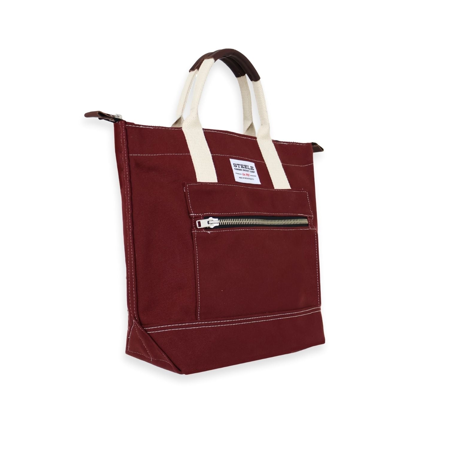Maroon tote bag with white handles on a white background