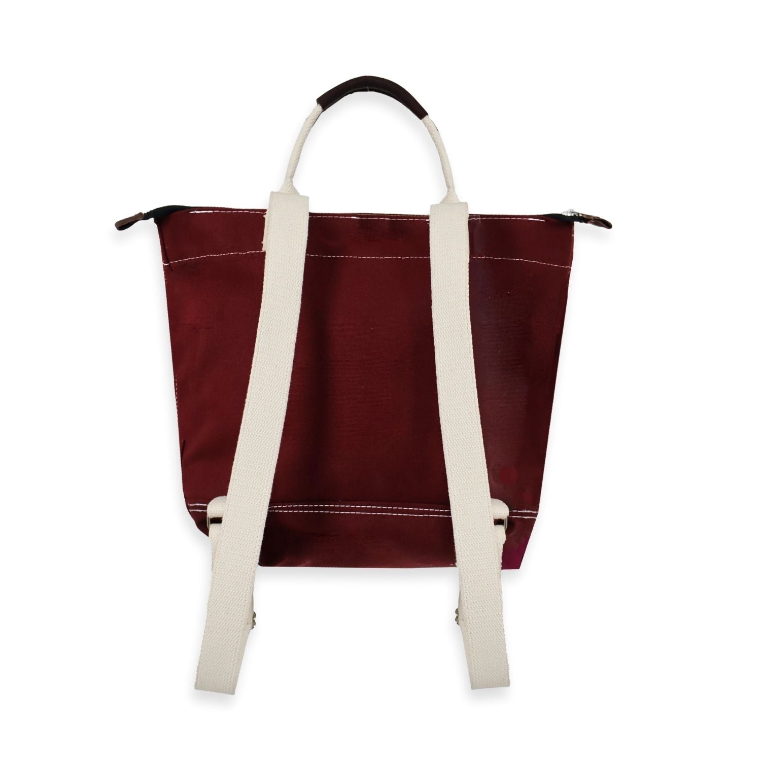 Maroon tote bag with white straps on a white background