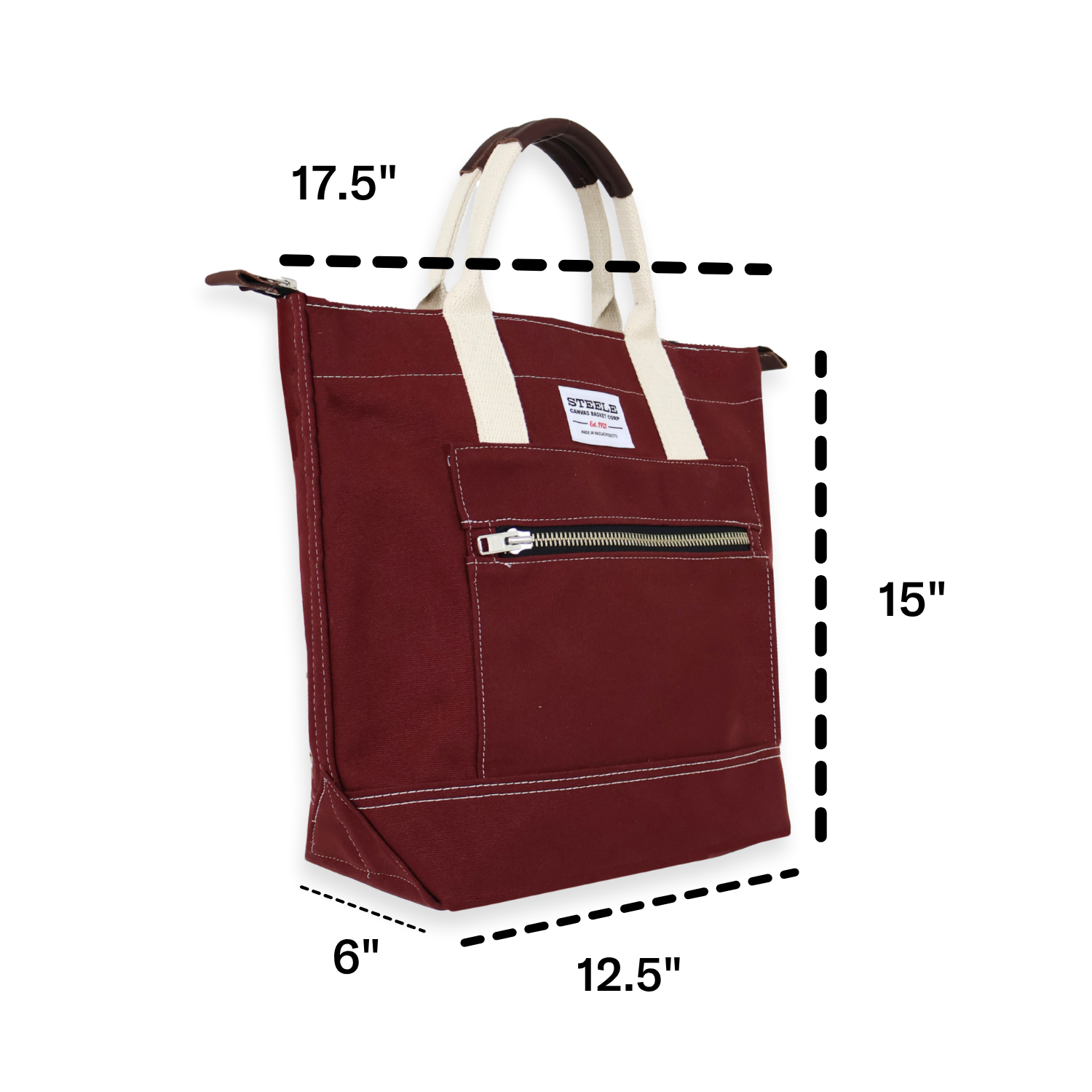 Maroon tote bag with measurements on a white background