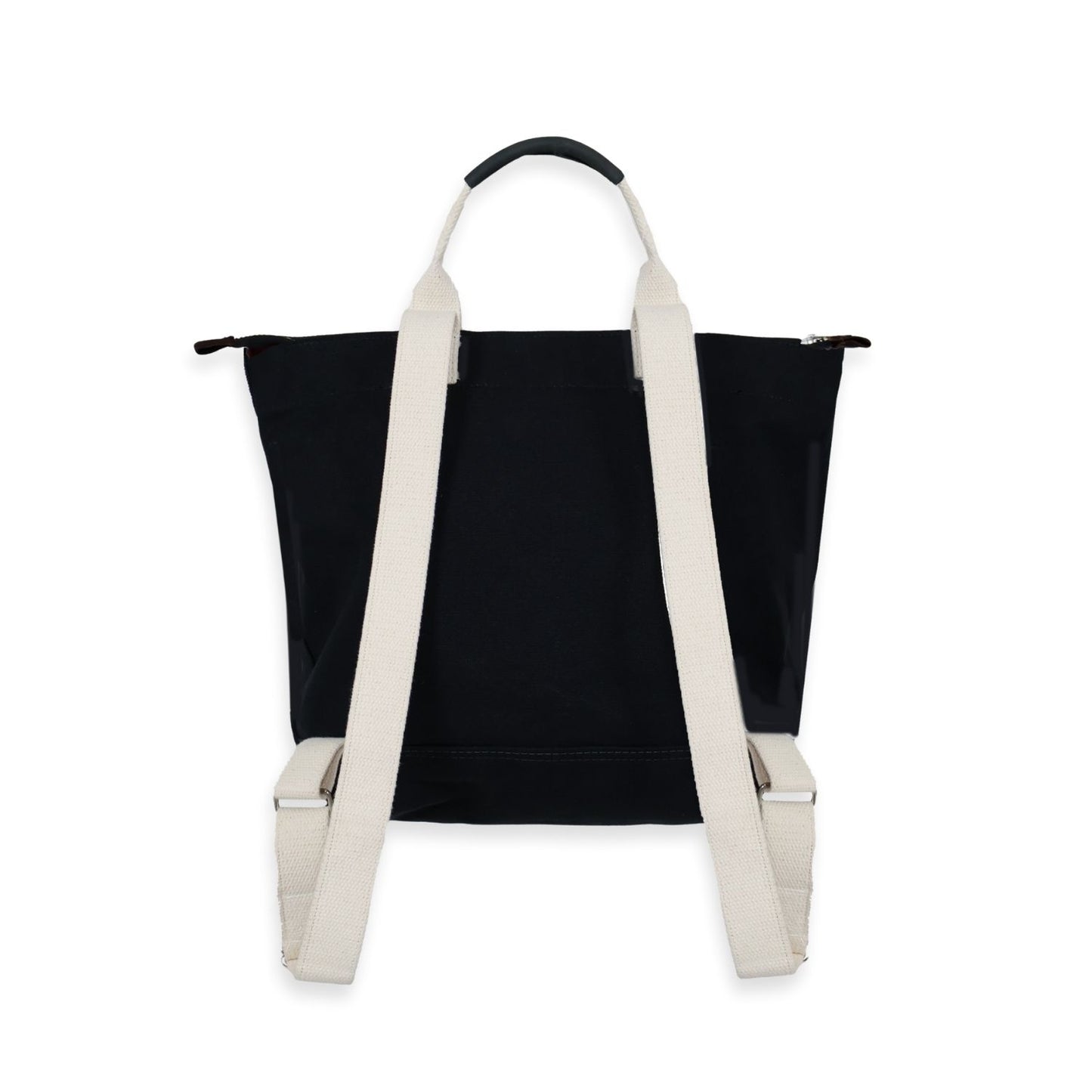 Black tote bag with white straps on a white background