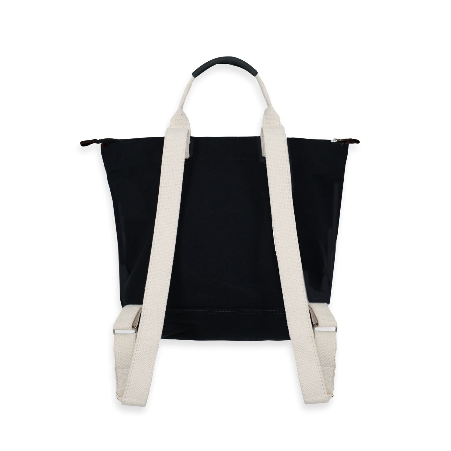 Black tote bag with white straps on a white background