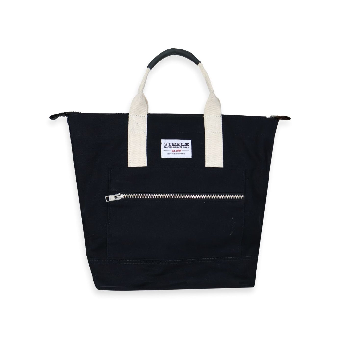 Black tote bag with white handles and zipper on a white background