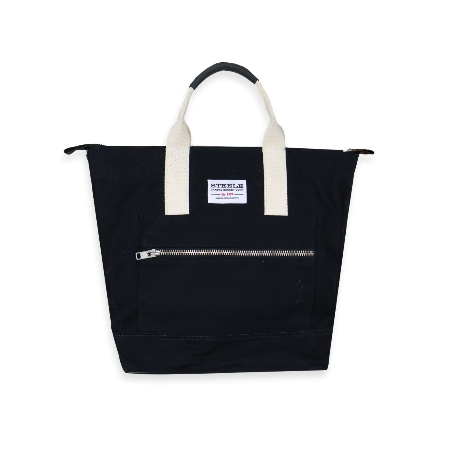 Black tote bag with white handles and zipper on a white background