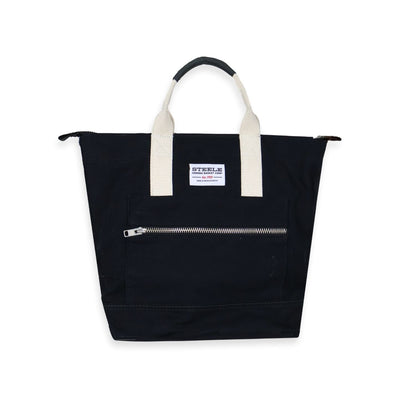 Black tote bag with white handles and zipper on a white background