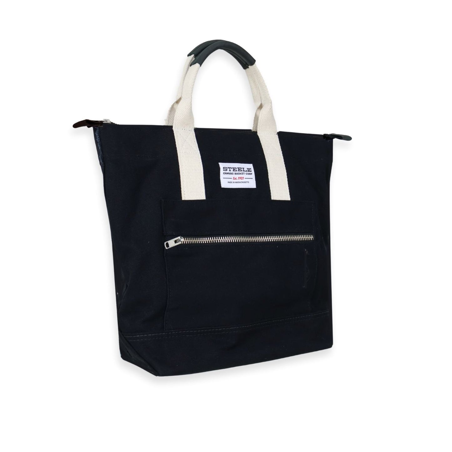 Black tote bag with white handles on a white background
