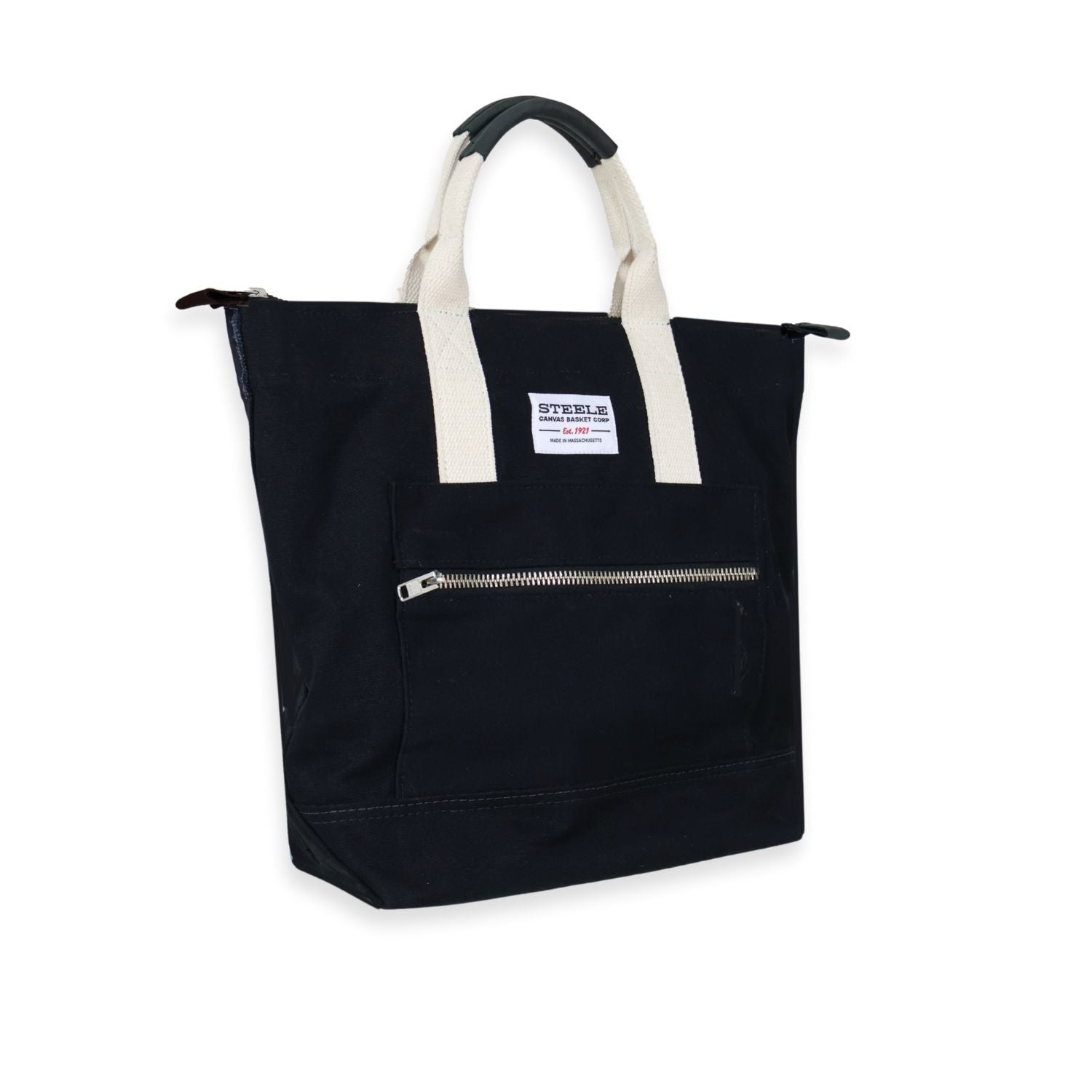 Black tote bag with white handles on a white background